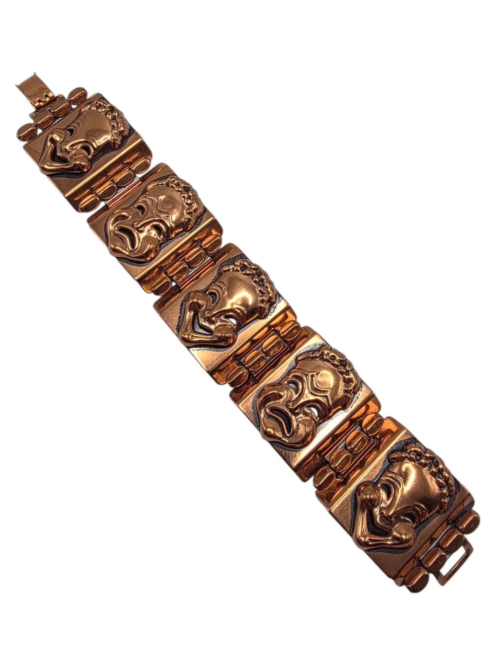 Vintage Renoir Copper Theater Mask Link Bracelet Mid Century Modern Drama Art